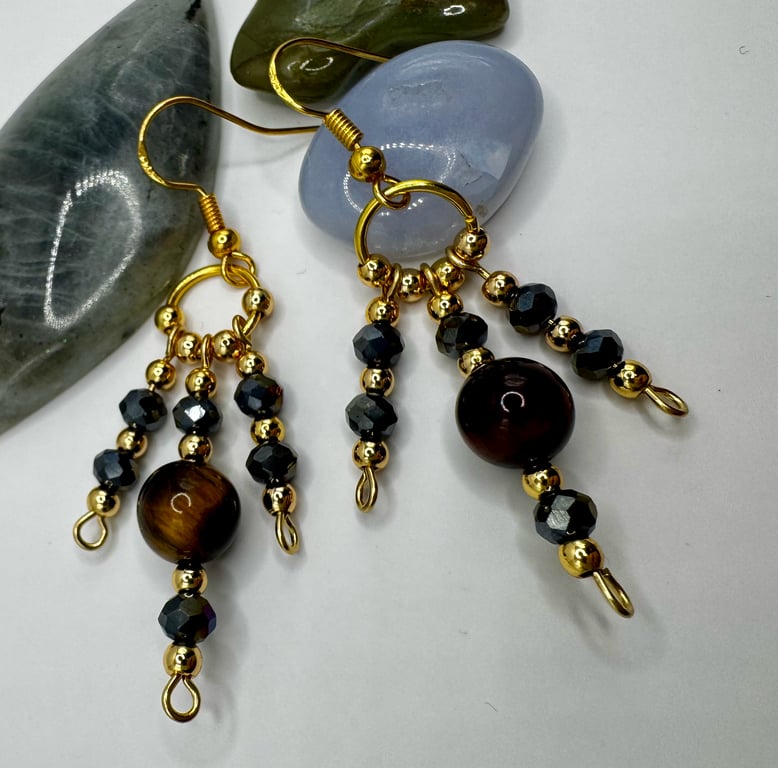 Black crystal and tigers eye beaded earrings