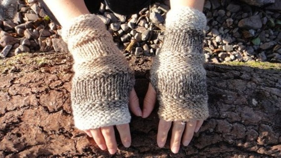 Fingerless gloves, womens knitted beige mittens, gift guide