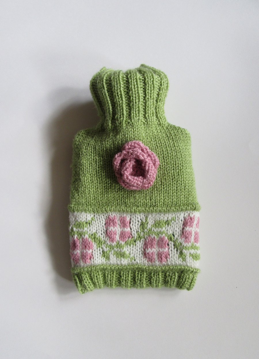 Fairisle rambling rose knitted hot water bottle cover