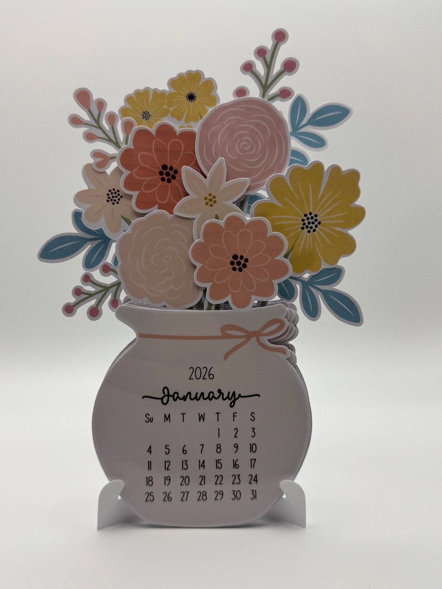 2026 Floral Desk Calendar – Cute Jar Flower Design, Handmade Table Calendar