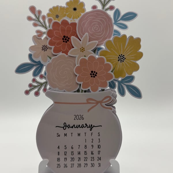 2026 Floral Desk Calendar – Cute Jar Flower Design, Handmade Table Calendar