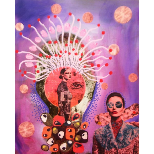 Surreal Cosmic Feminine Collage Art Pink Purple Bold Abstract Goddess Artwork