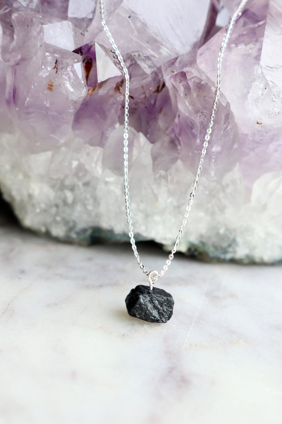 Raw Black Tourmaline Crystal Necklace, Sterling Silver Ethical Crystal Necklace