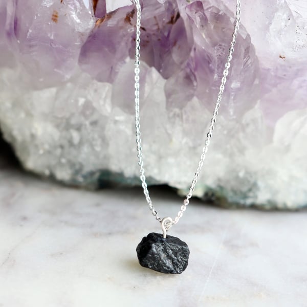 Raw Black Tourmaline Crystal Necklace, Sterling Silver Ethical Crystal Necklace