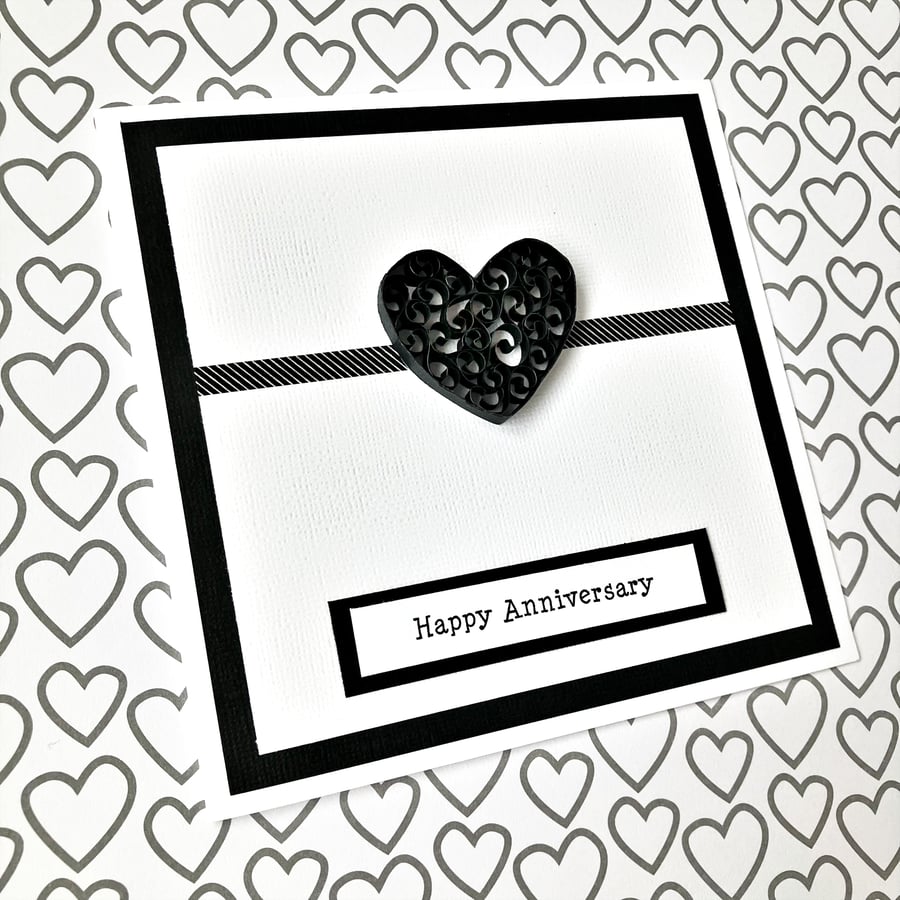 Wedding Anniversary - quilled black love heart - boxed option