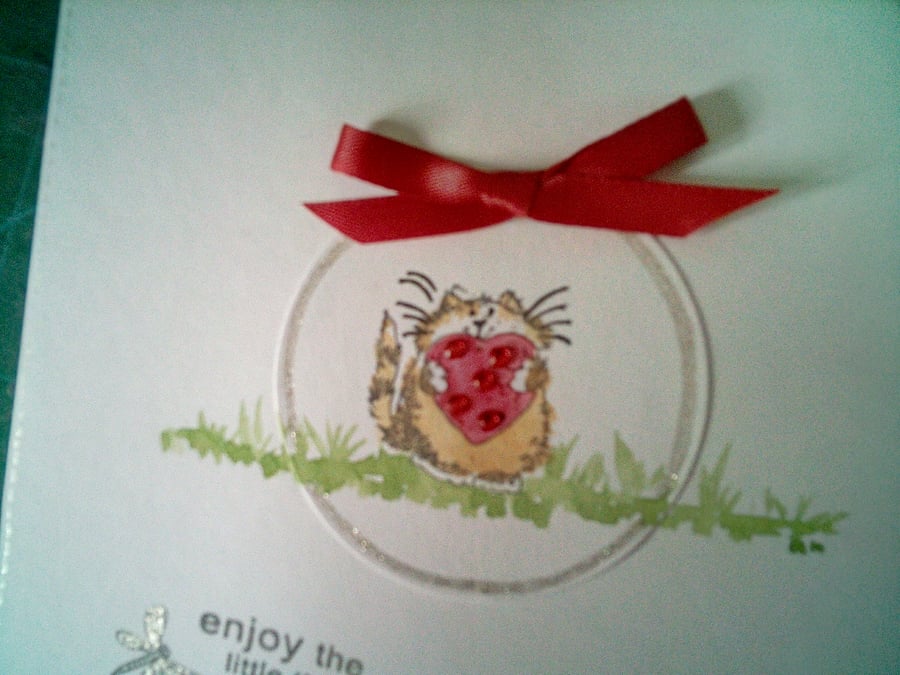 Cute cat with heart birthday card 