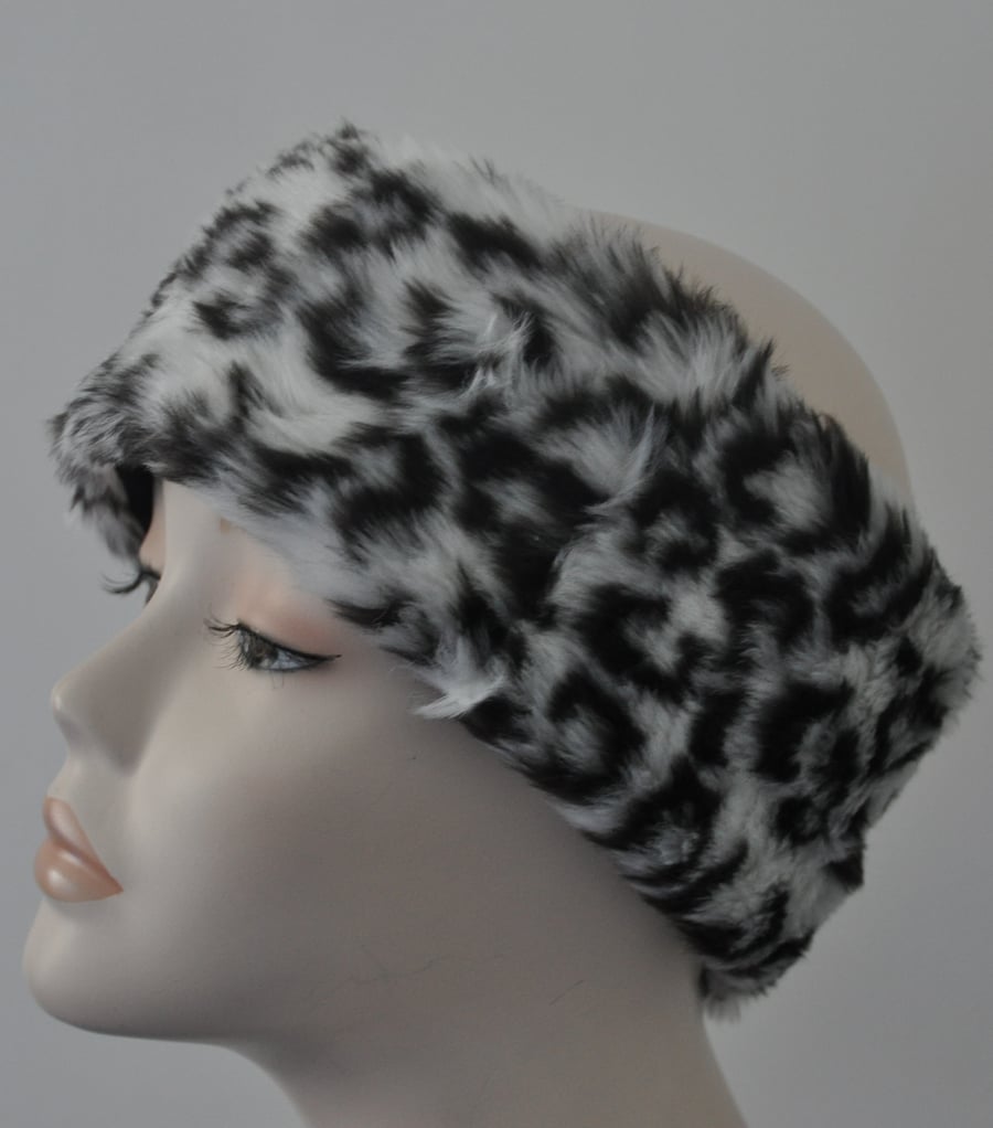 Ladies Faux Fur Headband Ear Warmer Head Band - Snow White Leopard Print Edition