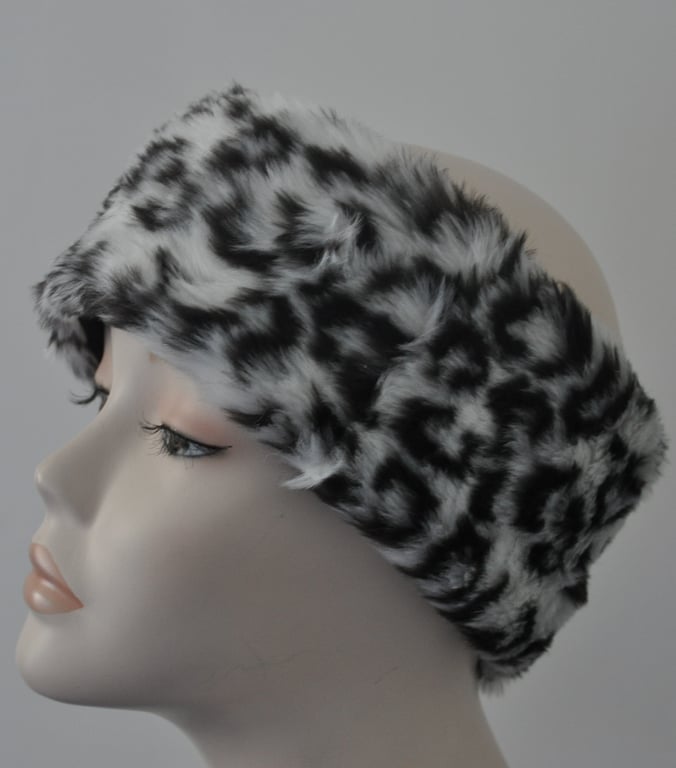Ladies Faux Fur Headband Ear Warmer Head Band - Snow White Leopard Print Edition