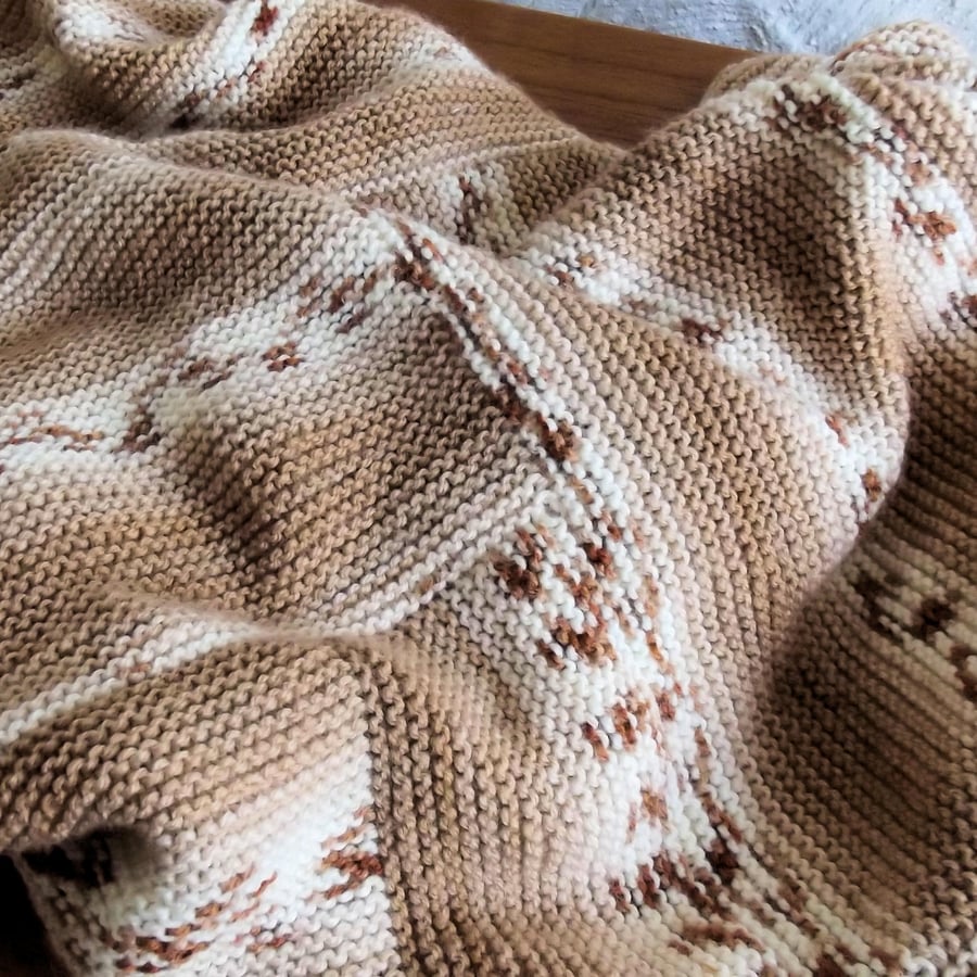 Hand knitted Log Cabin Style Cot Blanket, Brown and Beige, 35 x 26, hm10