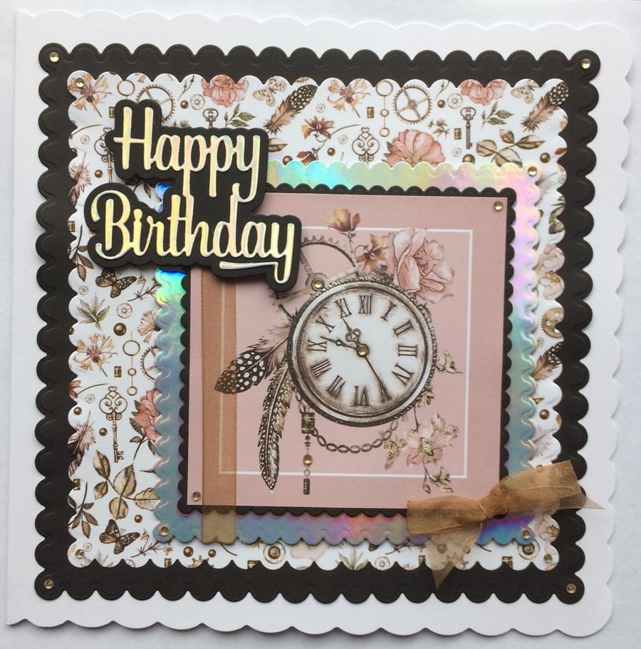 3D Luxury Handmade Card Steampunk Clock Cogs Feathers Flowers All Occasions