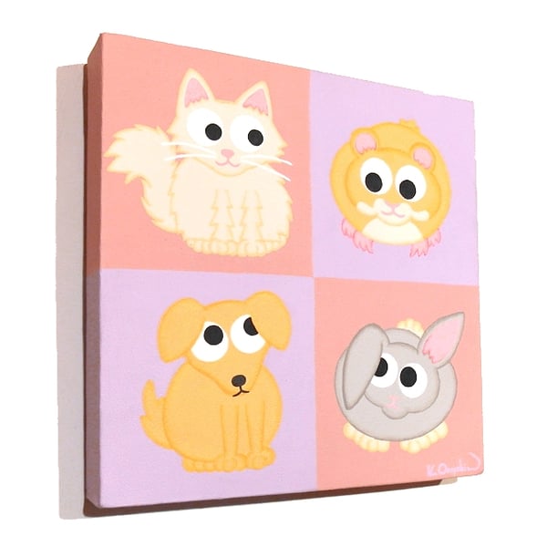 Cute Pets Nursery Decor - original acrylic art of a cat, dog, hamster and rabbit