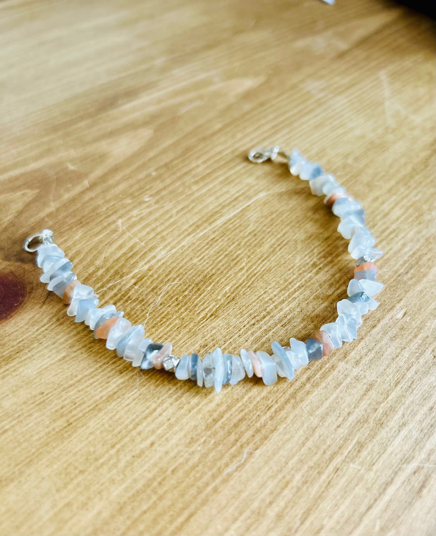 Grey, White and Peach Moonstone Chip Bracelet - Lobster Clasp