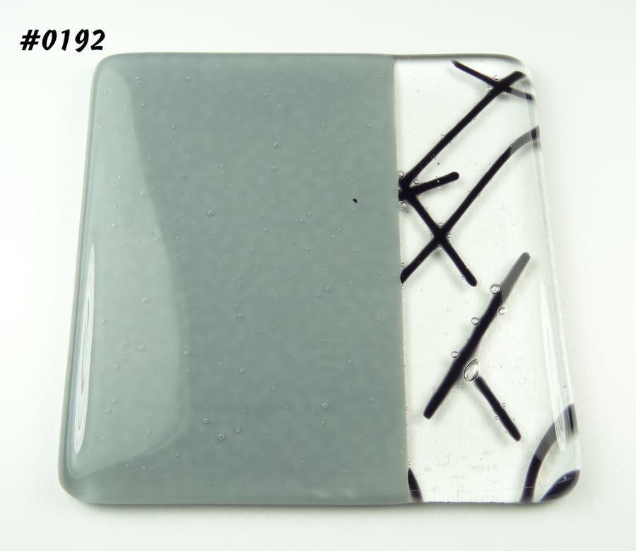 Grey and black fused glass coaster, 9cm, 6mm thick, handcrafted (0192)