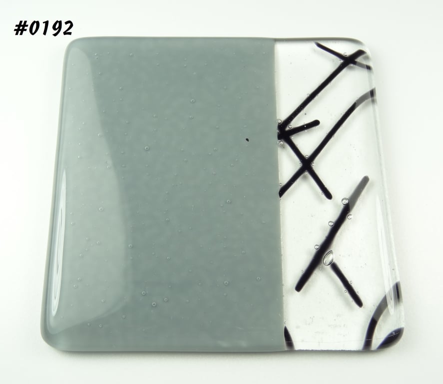 Grey and black fused glass coaster, 9cm, 6mm thick, handcrafted (0192)
