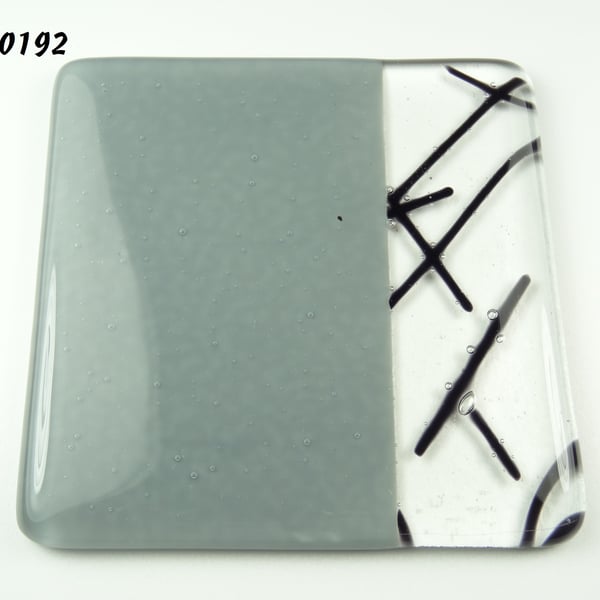 Grey and black fused glass coaster, 9cm, 6mm thick, handcrafted (0192)