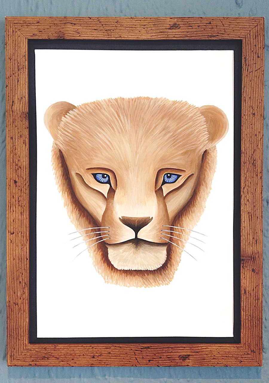 Framed A3 Print Colourful Lion Head Portrait Black Border Genuine Made in UK 