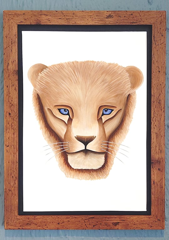 Framed A3 Print Colourful Lion Head Portrait Black Border Genuine Made in UK 