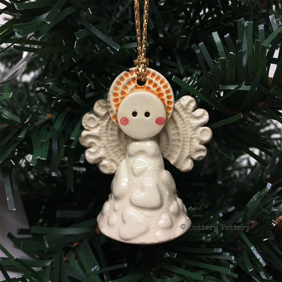 Teeny little ceramic angel Christmas decoration cream heart design pottery angel