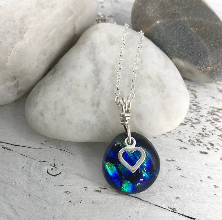 Pretty Sterling Silver & Dichroic Glass Necklace with Silver Heart Charm