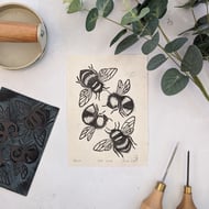 Bee Art, Bumblebee Original Limited Edition Linocut Print, Insect Art