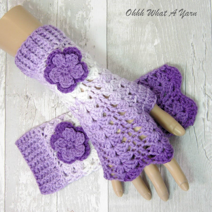 Purple, lilac and white ombre ladies crochet gloves, finger less gloves.