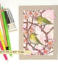 Japanese white-eye birds on spring blossom branches, original bird drawing - Image 3