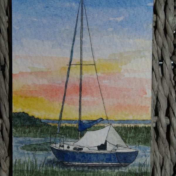 ACEO Original Sailboat and Sunset