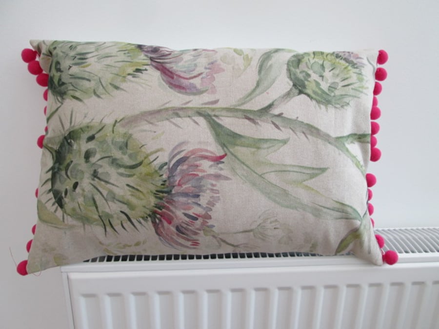 Voyage   Thistle Glen Cushion with pink bobbles