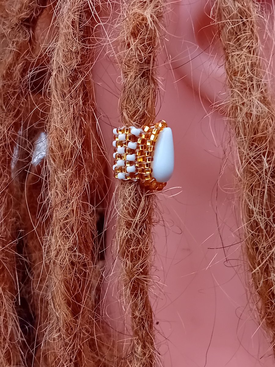 White and gold tribal teardrop dreadlock bead