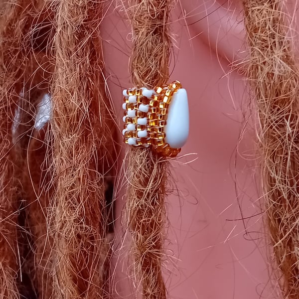 White and gold tribal teardrop dreadlock bead
