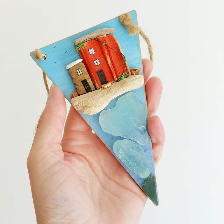 Hand Painted Driftwood and Sea Glass Red Miniature Cottage - Coastal Finds Decor