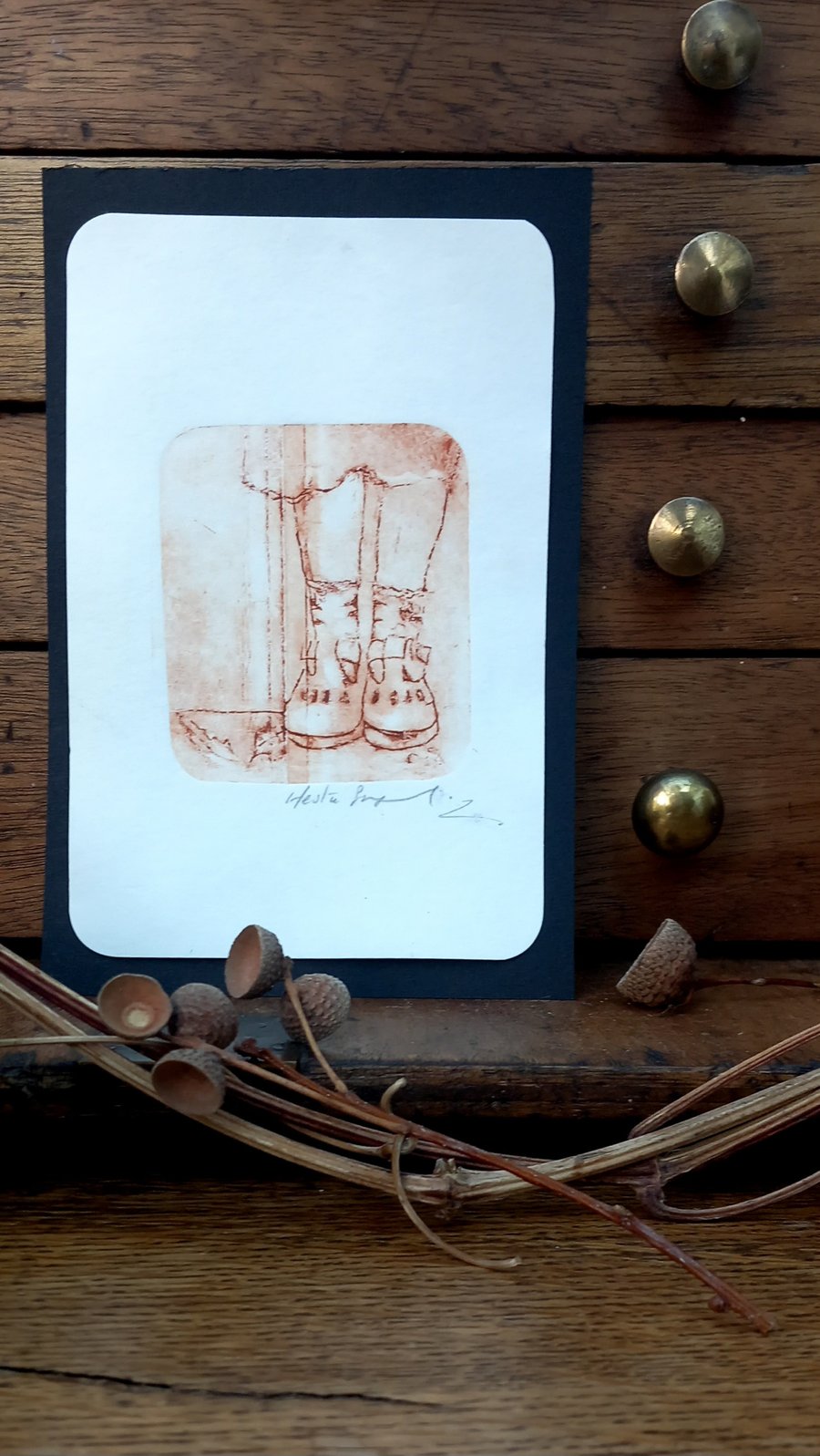 Hand printed art work 'stepping into nature in her new sandles''