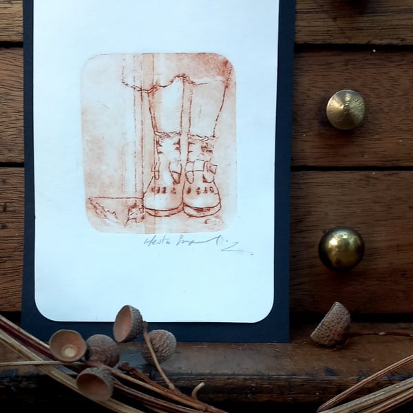 Hand printed art work 'stepping into nature in her new sandles''