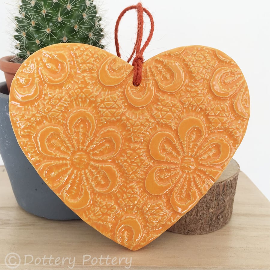 Ceramic heart hanging decoration Pottery Heart Retro Flower Bright Colours