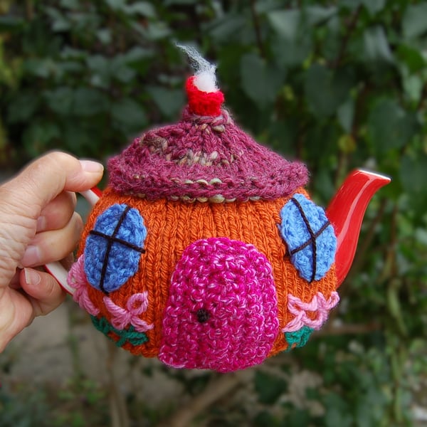 Country cottage tea cosy - hand embroidered, to fit a tea for one or two  teapot