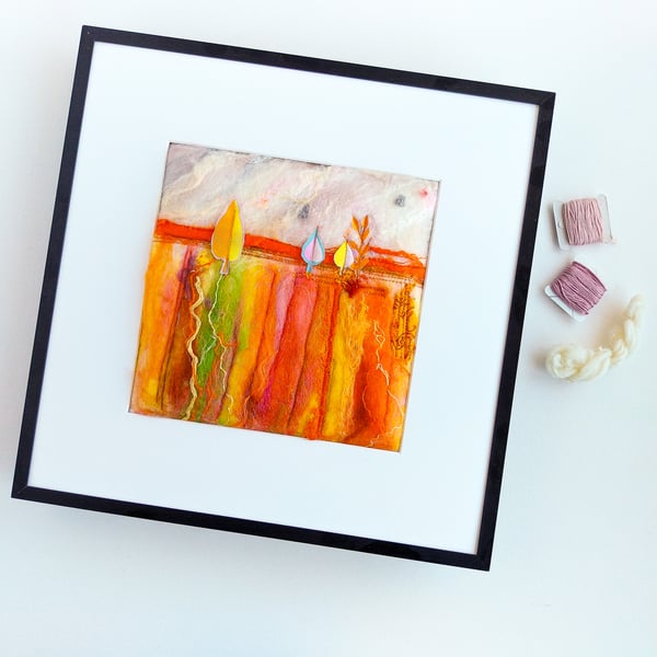 Original felt and textile landscape -Bright Fields Framed 33 x 33 cm 