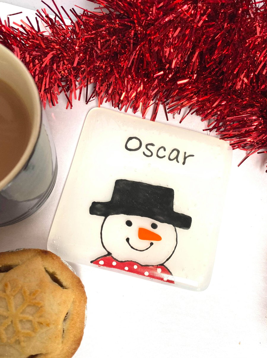 Fused Glass Snowman Coaster personalised 