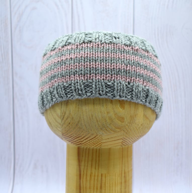 Hand Knitted Baby Headband – Grey & Pink – Cashmere and Merino – 3–6 Months
