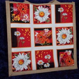 Medium Sized Jute Bag with Daisies in Squares Pocket