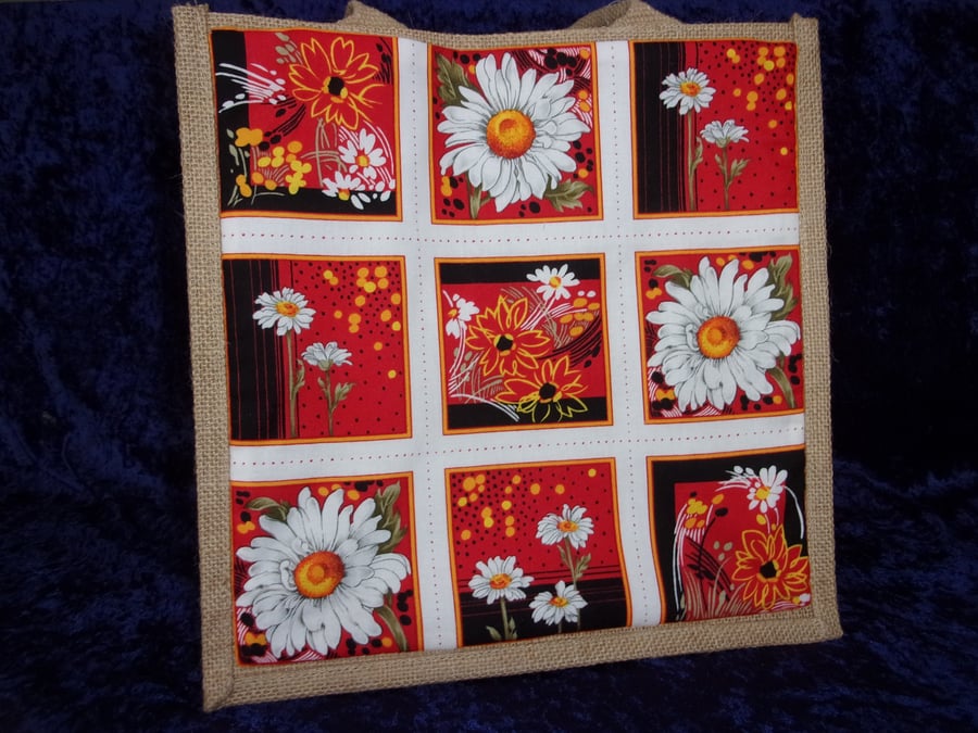 Medium Sized Jute Bag with Daisies in Squares Pocket