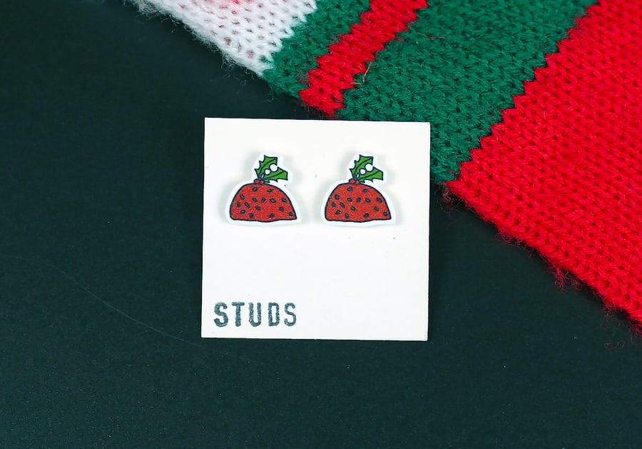 Christmas Pudding Illustration Shrink Plastic Stud Earrings Seconds Sunday