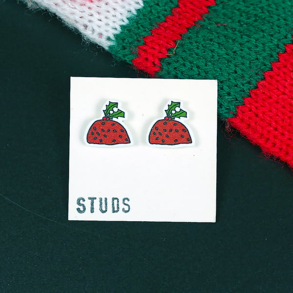 Christmas Pudding Illustration Shrink Plastic Stud Earrings Seconds Sunday