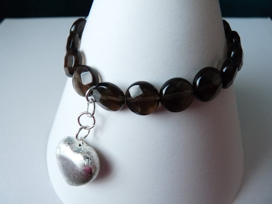 Smokey Quartz Heart Charm Bracelet - Genuine Gemstone - Handmade 