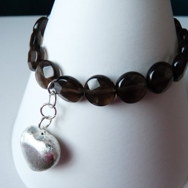 Smokey Quartz Heart Charm Bracelet - Genuine Gemstone - Handmade 