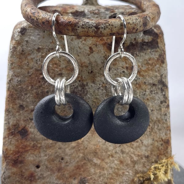 Frosted black agate and silver drop earrings