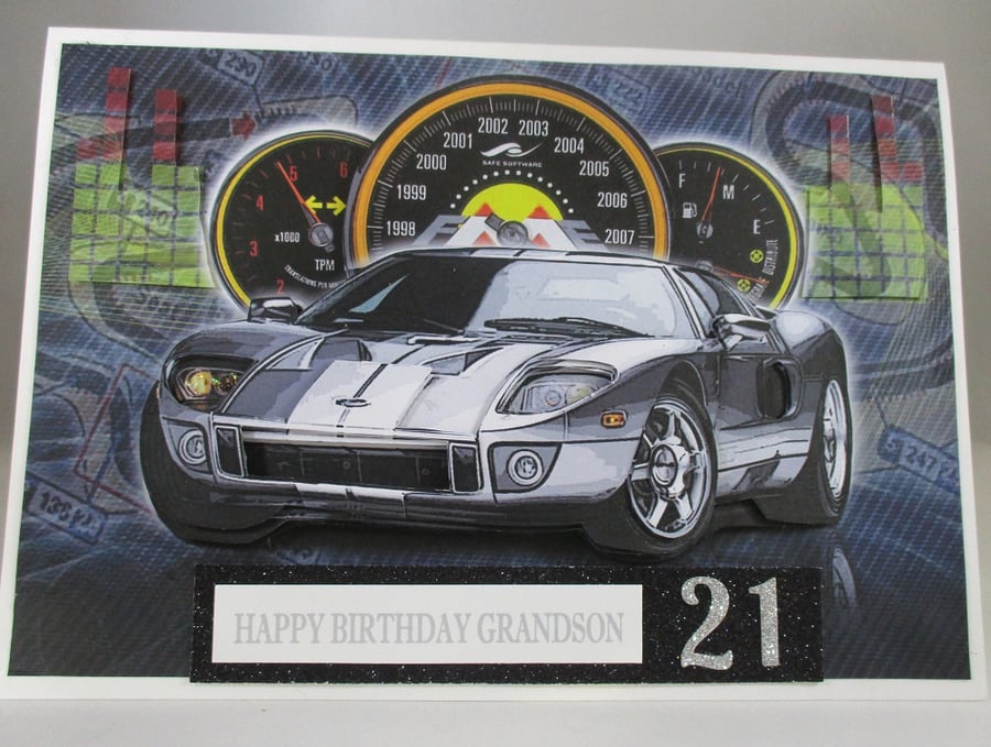 21st Silver Sports Car Birthday Card, Grandson, 3D.Personalise,Handmade
