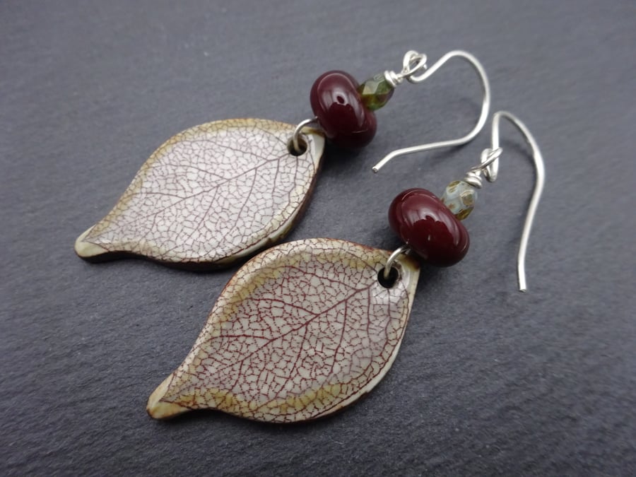 sterling silver earrings, ceramic leaf jewellery