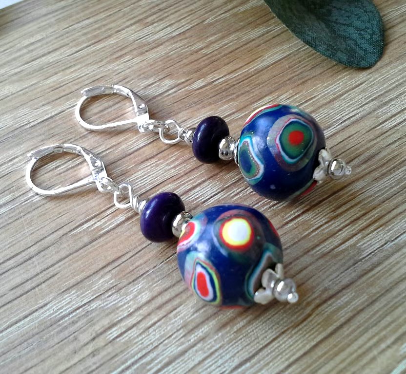 Hand made Polymer Clay beads & Genuine Magnesite Silver Plate Earings