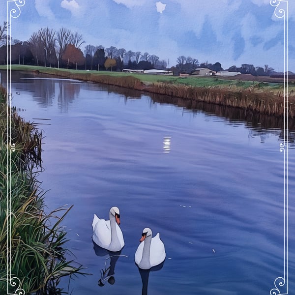 Swans In Moon Light Norfolk Greeting Card A5