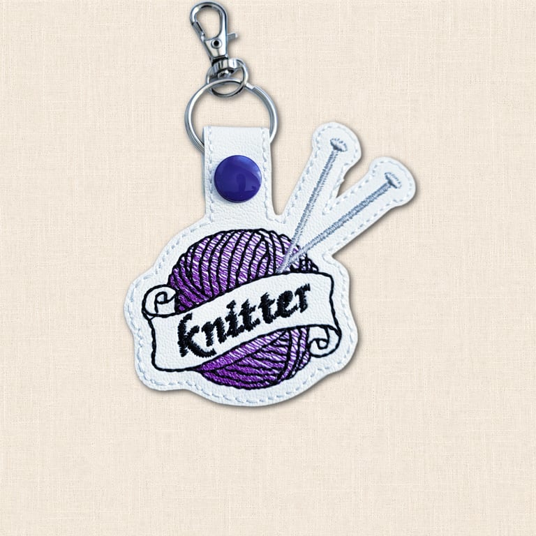 Knitter Keyring - Embroidered Yarn and Knitting Needles Bag Charm